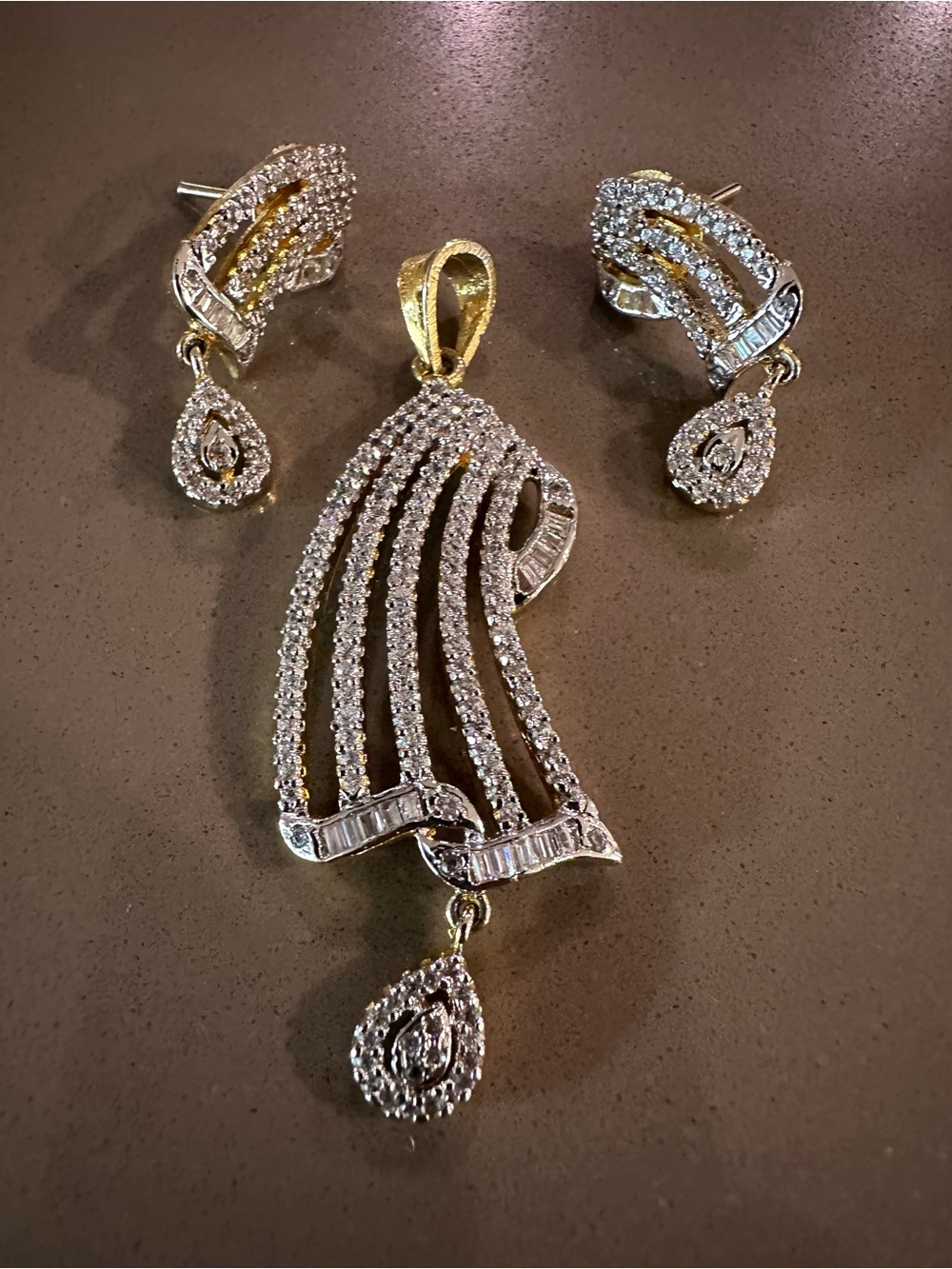 Elegant Gold & Silver Crystal Drop Pendant and Earrings Set